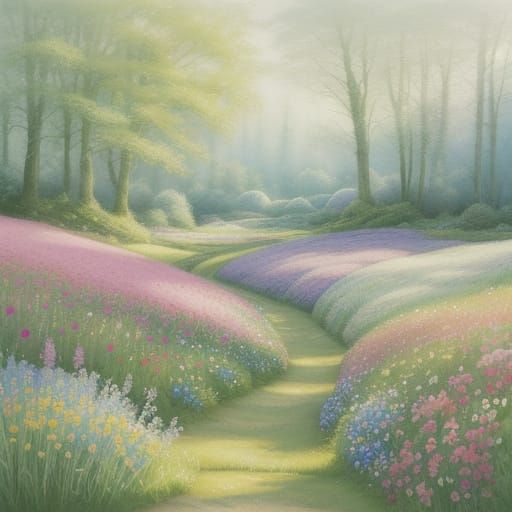 Whimsical Watercolor Meadow with Fantastical Details