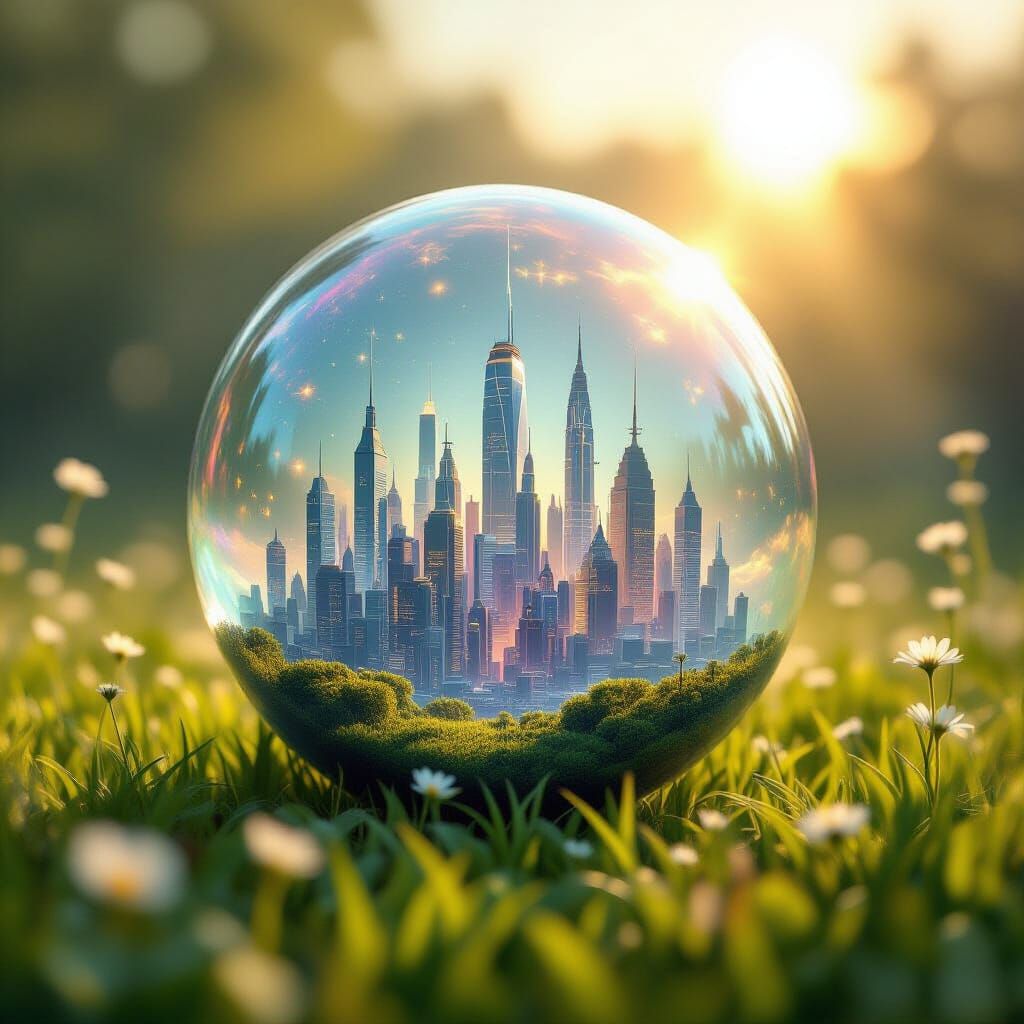 Tiny Planet City in Bubble Over Meadow