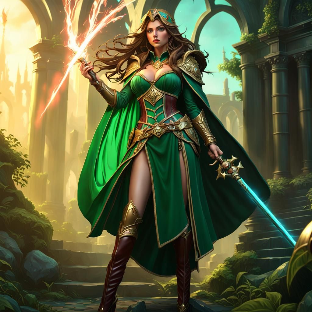 Green-Robed Magician Girl in Dark Fantasy Style