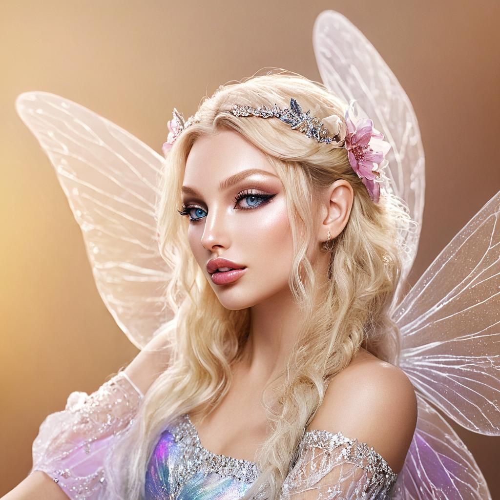 Hyperrealistic Blonde Fairy Portrait with Intricate Wings