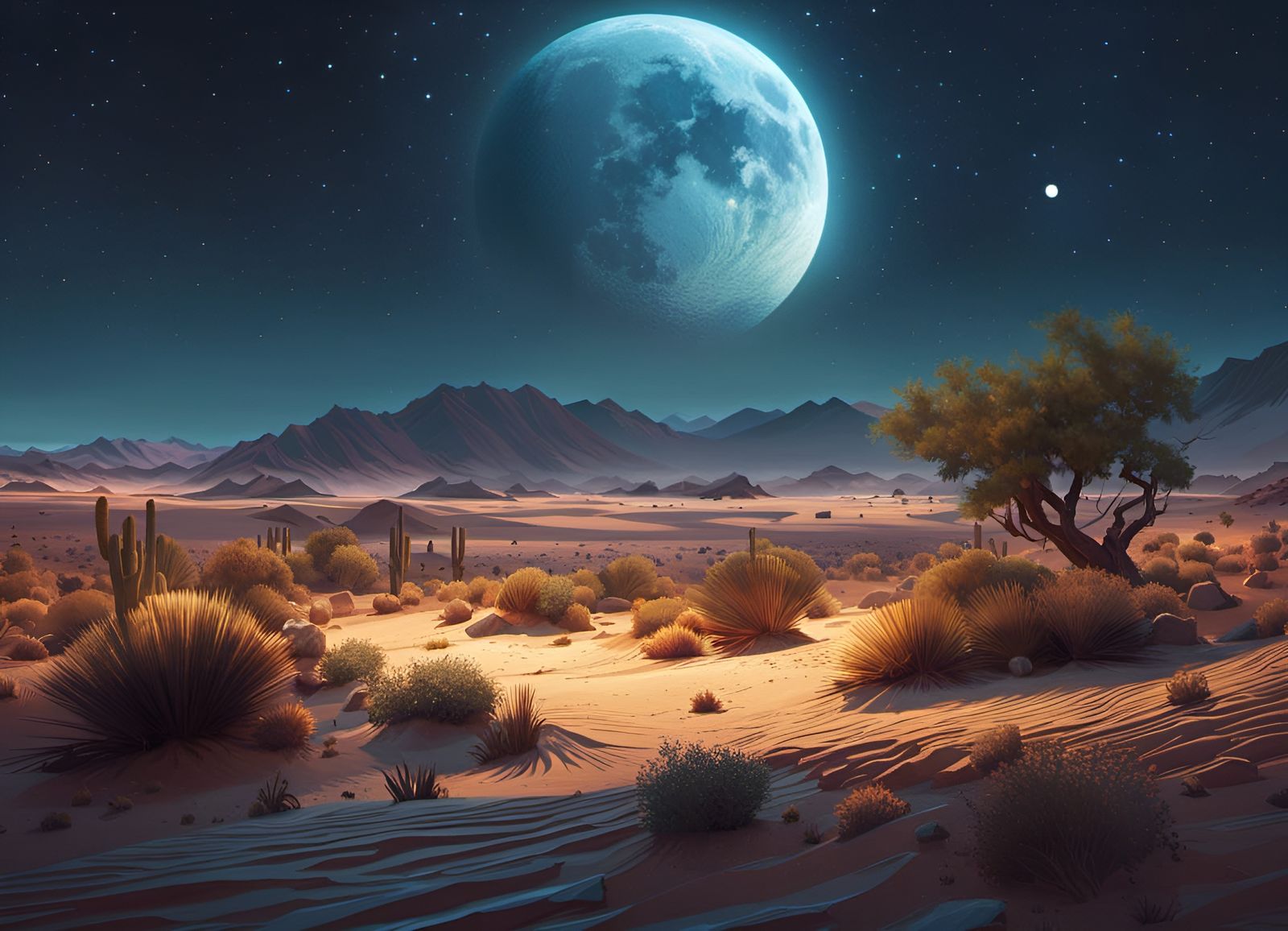 Desert Oasis Under Starry Sky in Anime Style