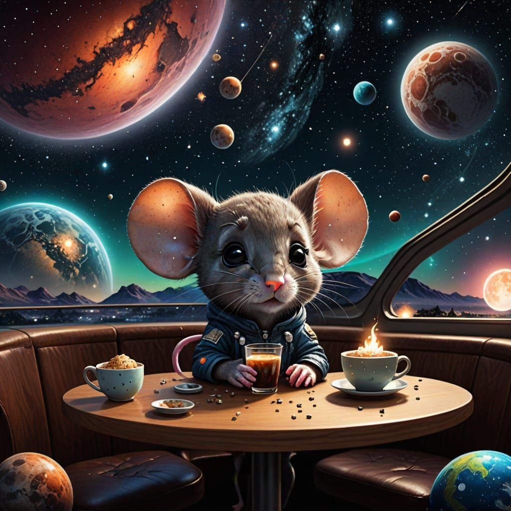 Chibi Mouse Contemplates the Cosmos at Midnight Cafe