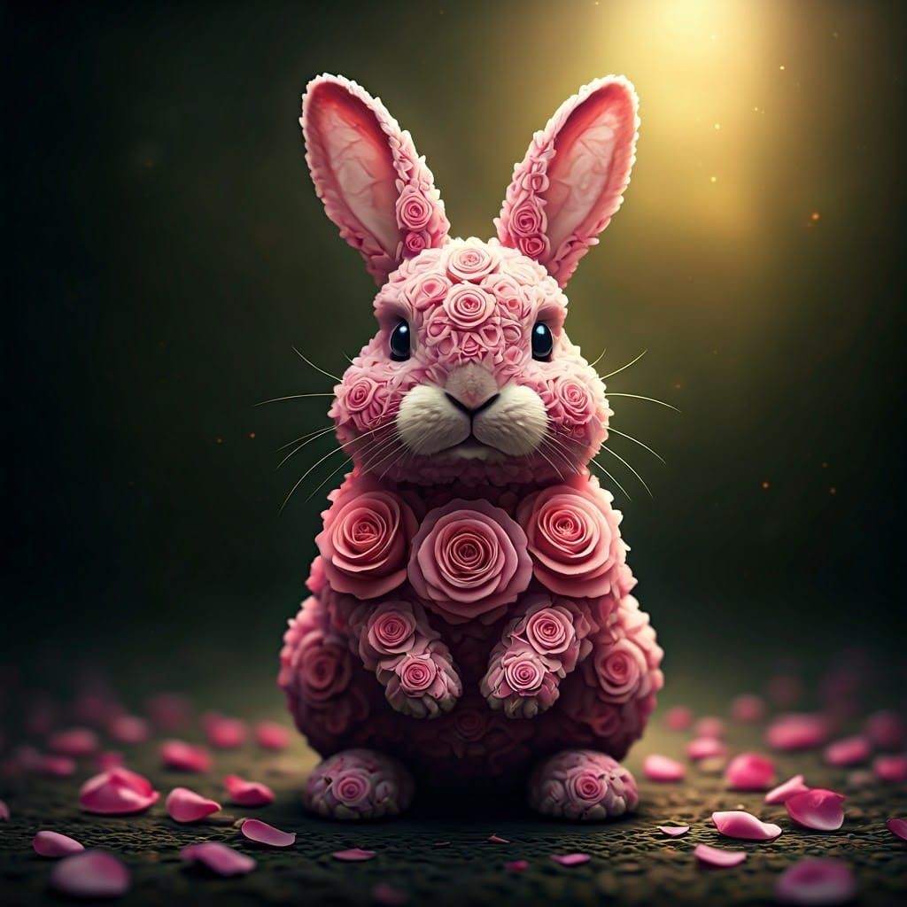 Rose Petal Rabbit: Hyperrealistic Floral Composition