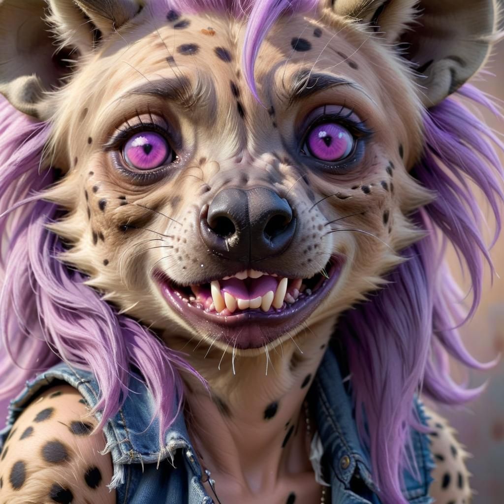 Photorealistic Furry Hyena with Flowing Purple Hair
