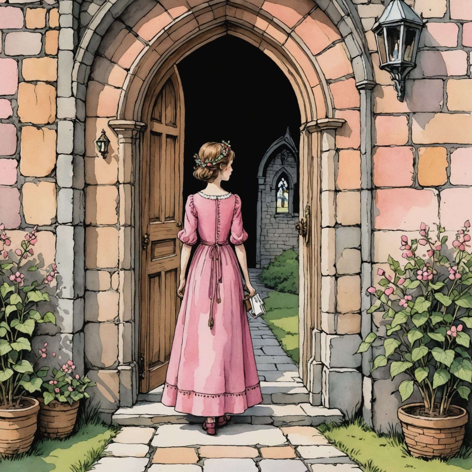 Medieval Maiden in Castle Corridor Illustration