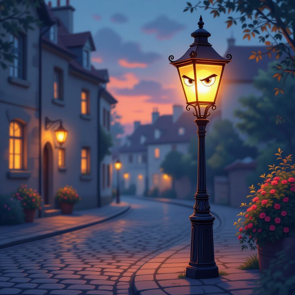 Grumpy Old Streetlamp Glows on Cobblestone Street in Whimsic...