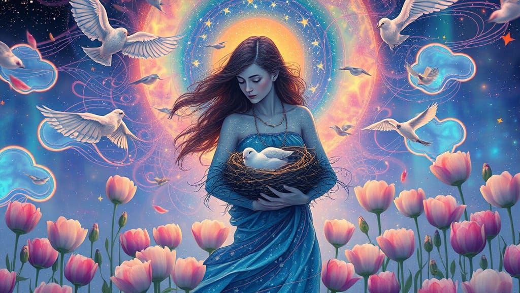 Woman Carrying Nest of Stars: Dreamlike Concept Art