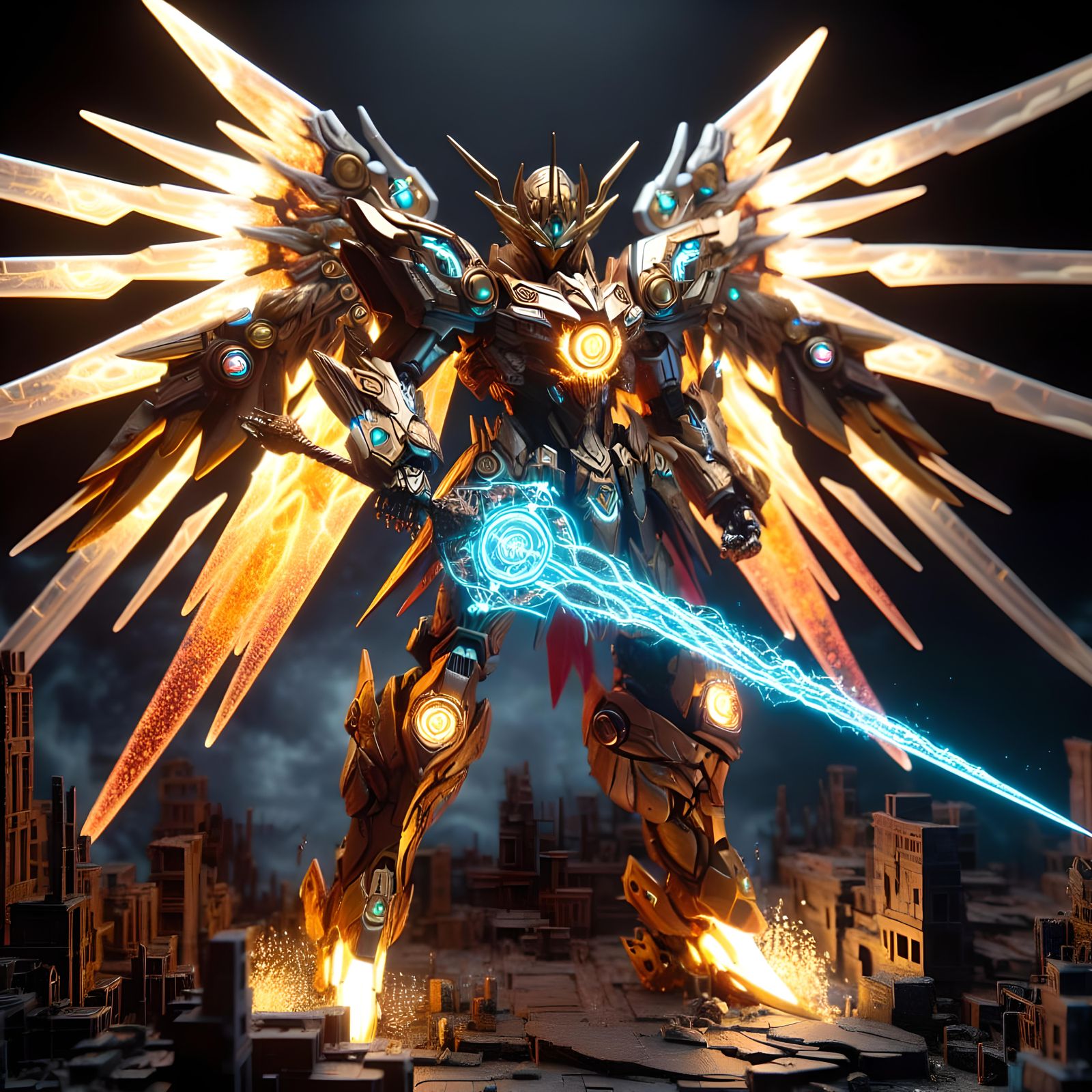 Golden Mecha Warrior Action Figure in Diorama