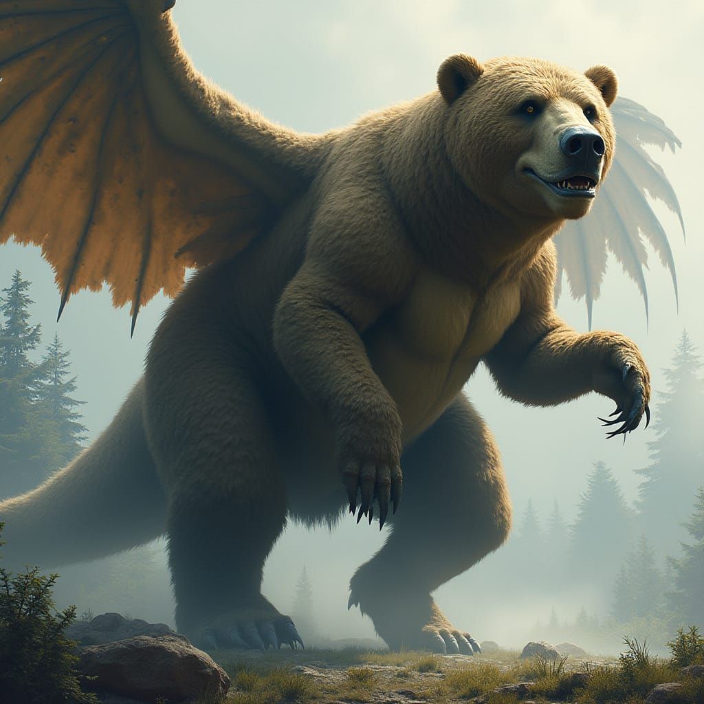 T-Rex Pterodactyl Hybrid with Grizzly Bear Fur and Head