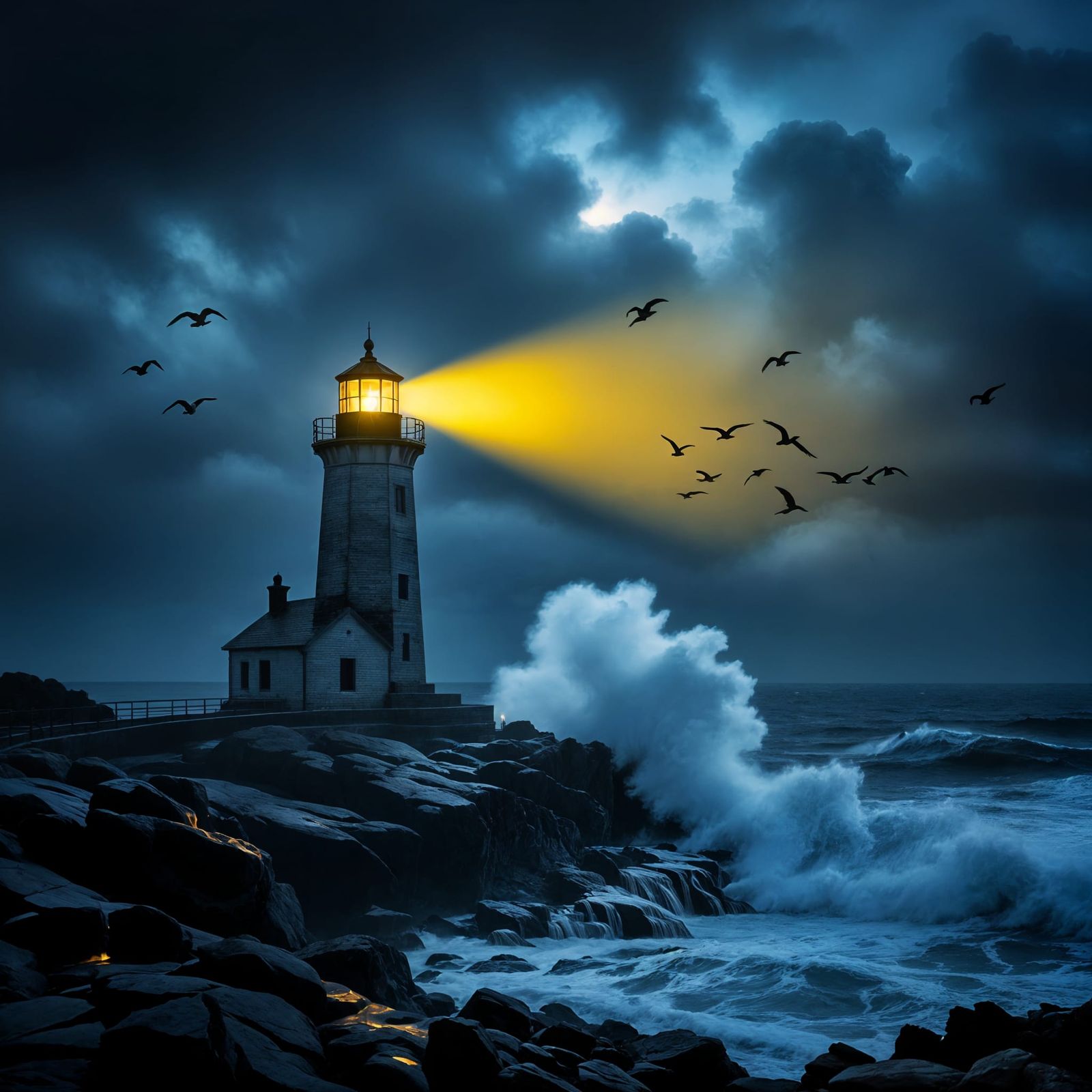 Dramatic Coastal Scene: Lighthouse Beacon in Film Noir
