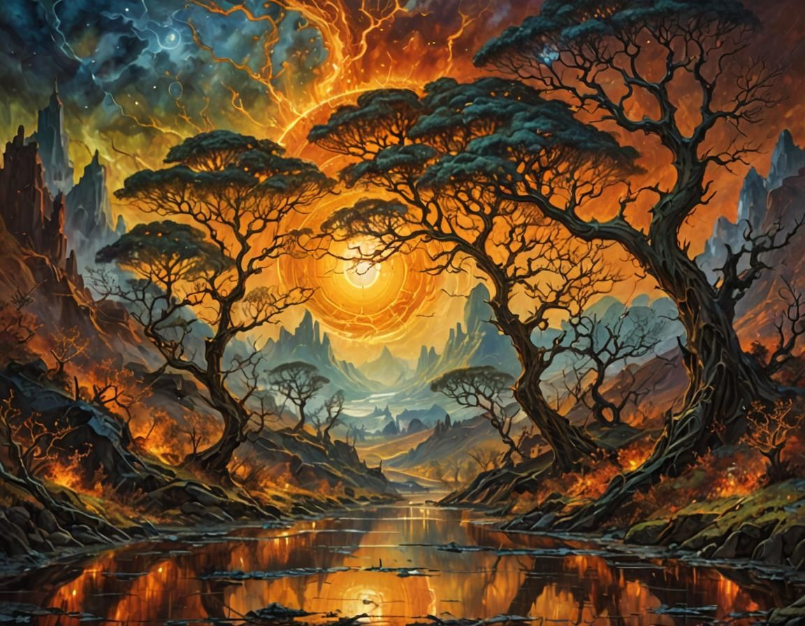 Surreal Solar Storm Landscape in Water-Ink Style