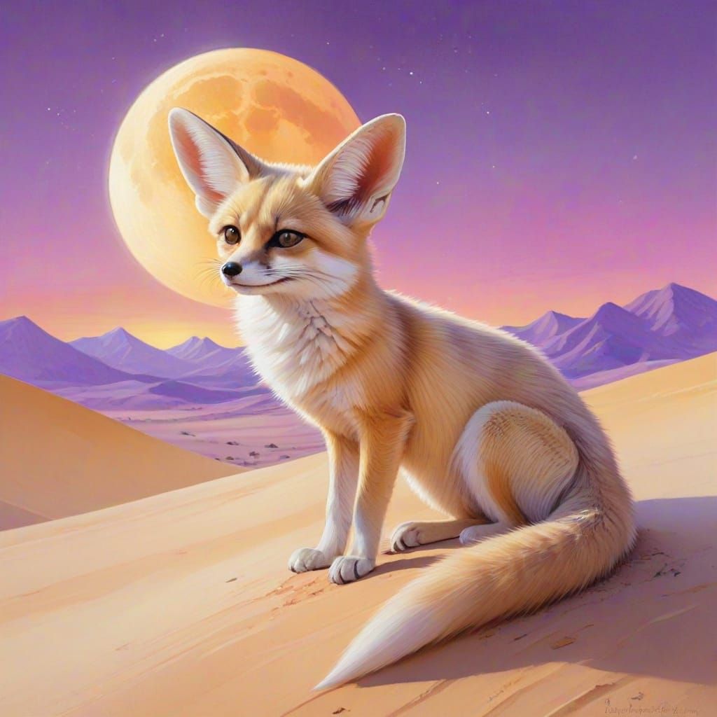 Fennec Fox in Twilight Desert Landscape, Watercolour Style