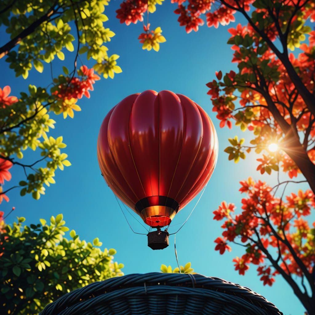 Vibrant Red Apple Hot Air Balloon Soars in Brilliant Blue Sk...