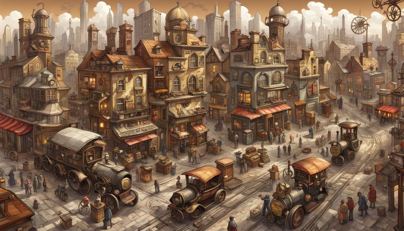 Steampunk City Puzzle Design with Intricate Details