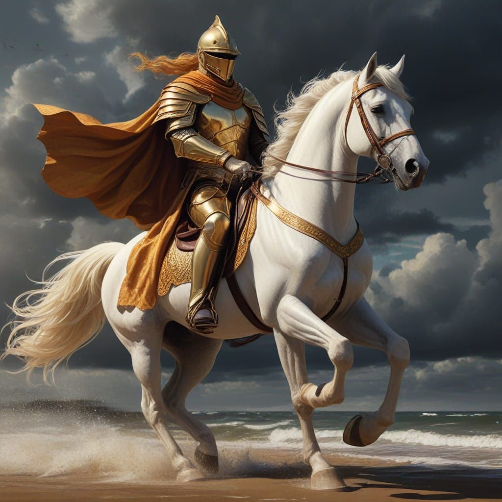 Golden Knight on White Horse Digital Painting
