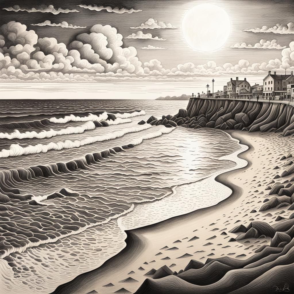 Surreal Beach Landscape in Charcoal Drawing Style