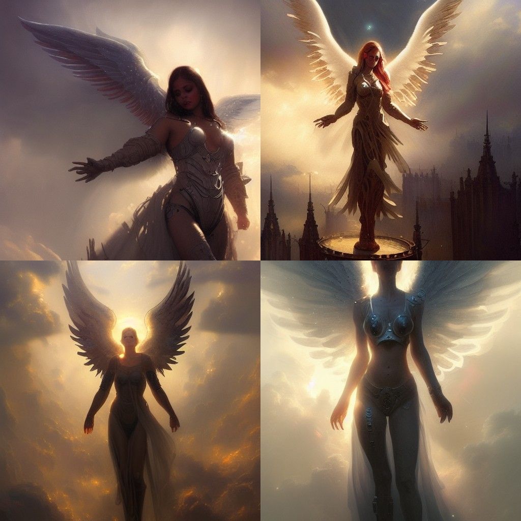 Steampunk Cyborg Angel in Ethereal Fantasy Landscape