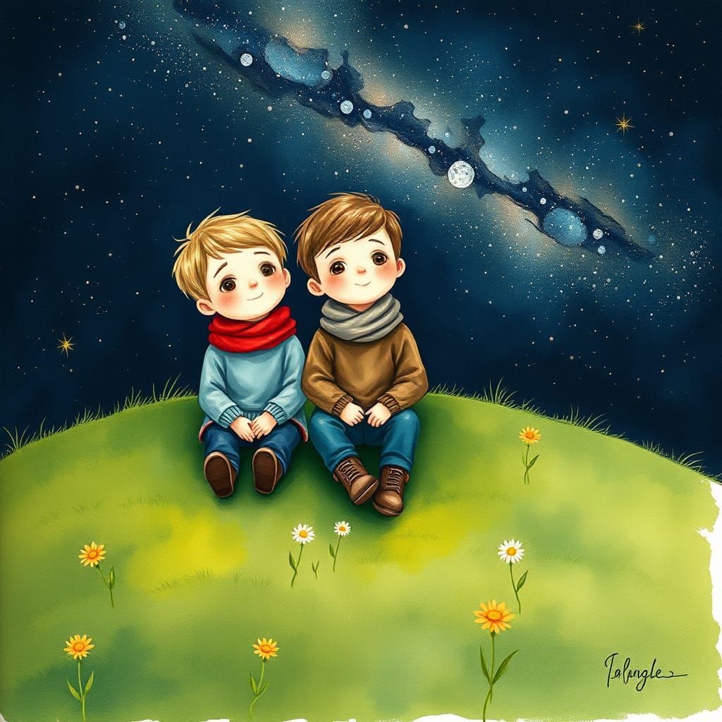 Enchanted Night Sky Gazers: A Whimsical Art Piece