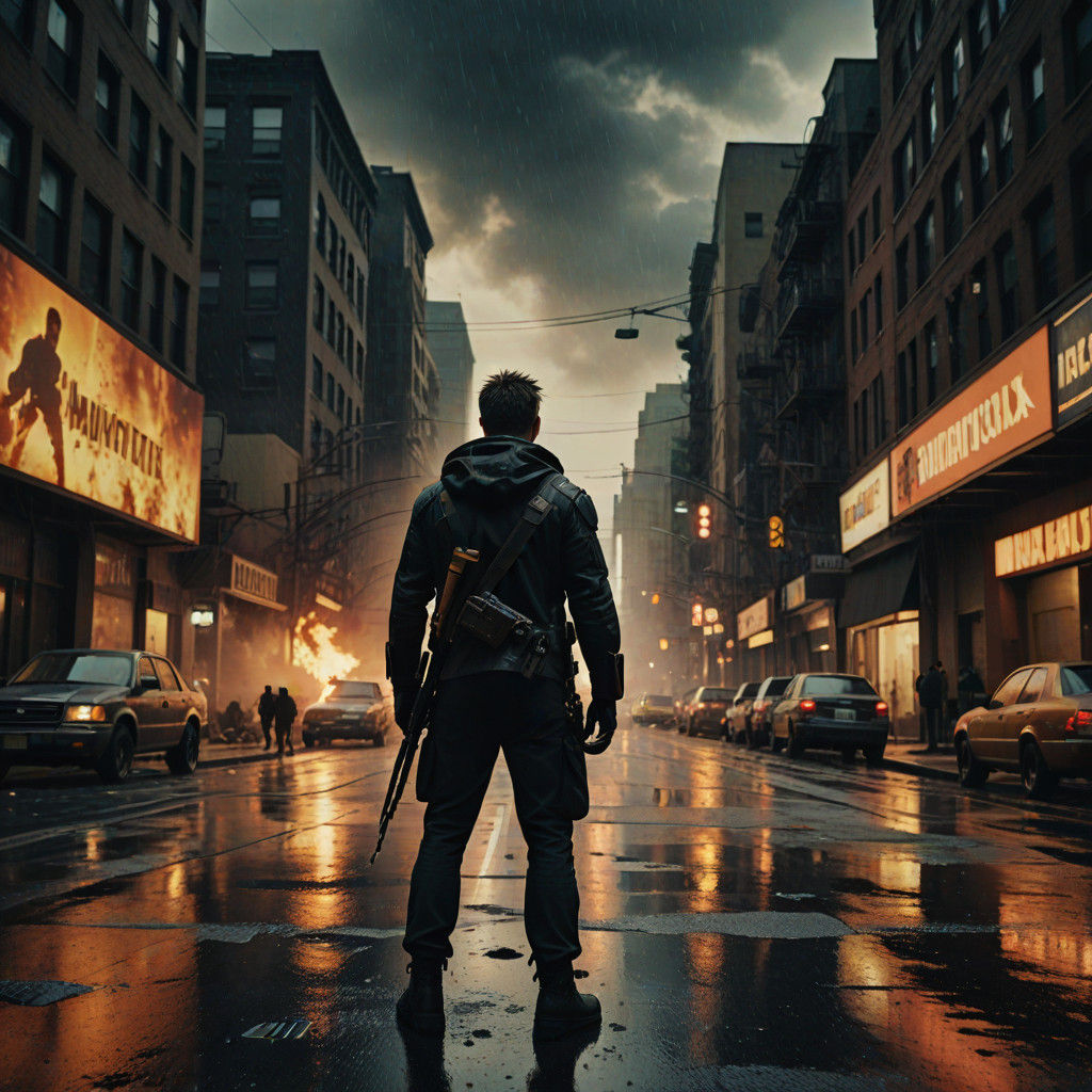 Hawkeye Amidst Urban Chaos in a Cinematic Masterpiece