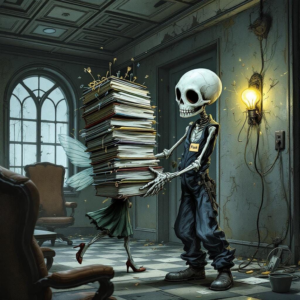 Gothic Fairy Struggles in Burtonesque Office Scene