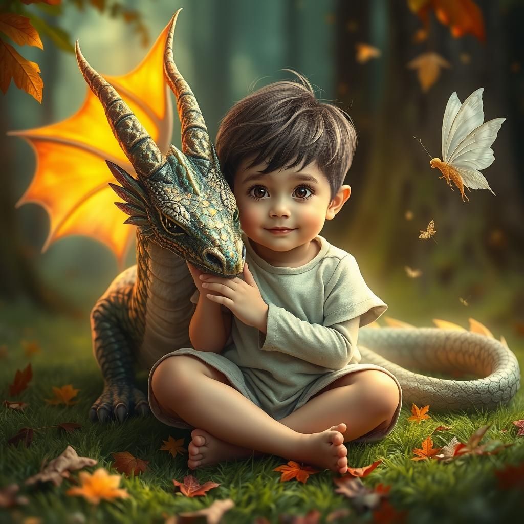Child's Enchanting Encounter with Dragon and Fairy