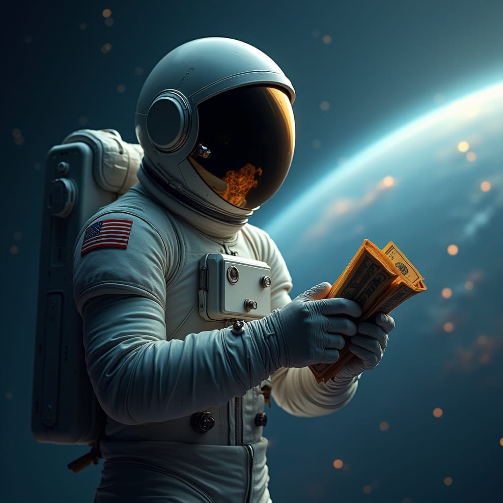 Astronaut Counting Money in Space: Hyperrealistic Art