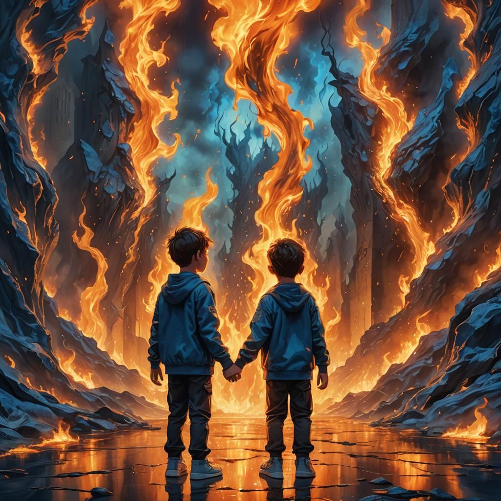 Twin Boys Encircled by Blue Flames: Surreal Digital Art