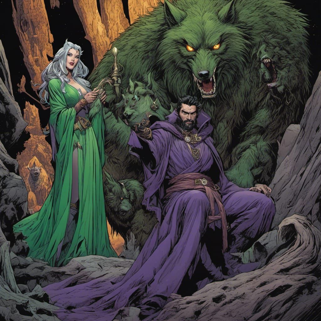 Dark Magic Mage and Werewolf in Comic Art