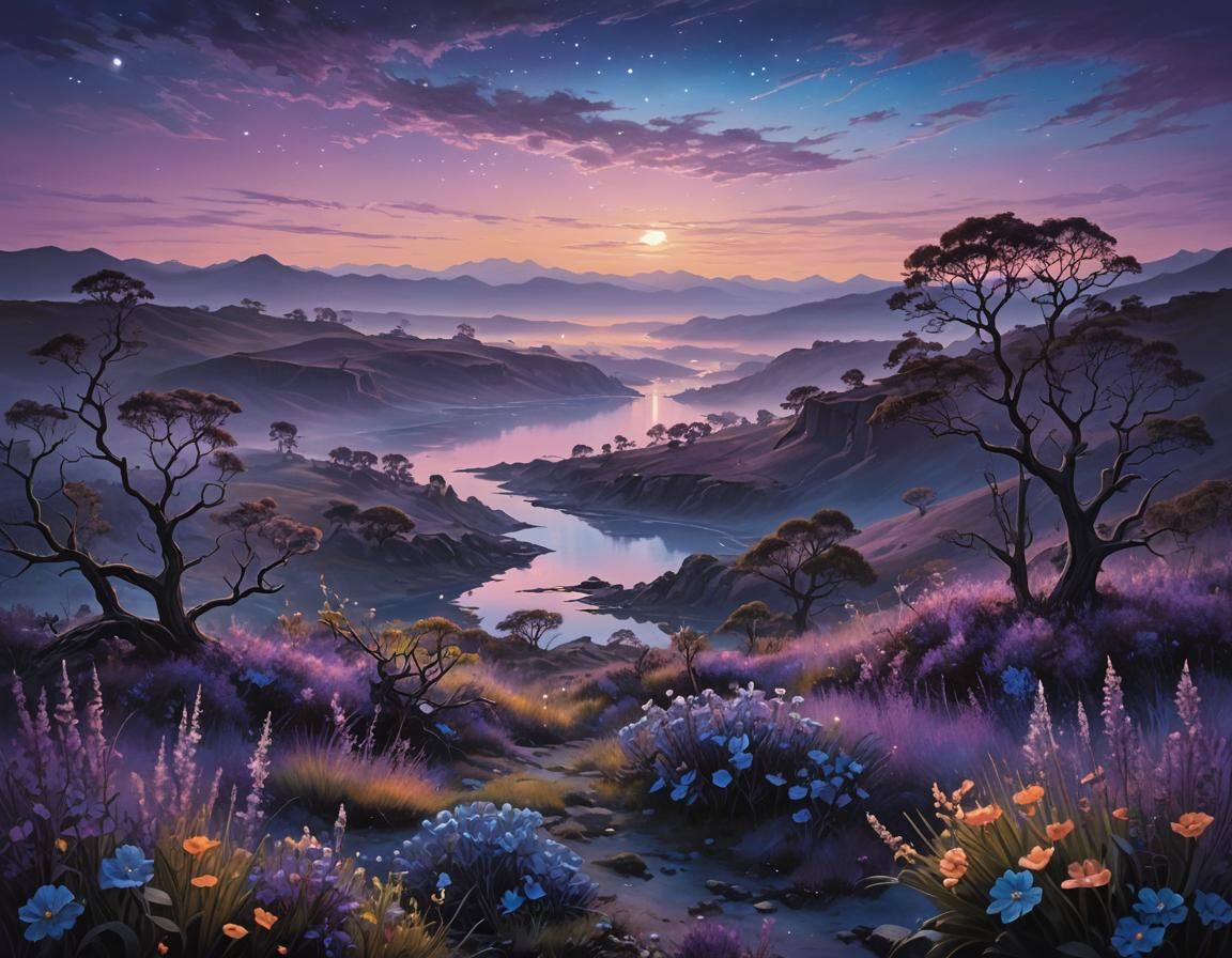 Enchanting Twilight World with Bioluminescent Life