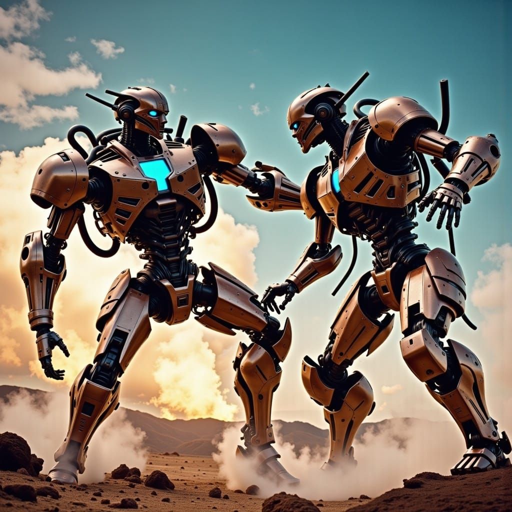 Mecha Bots Battle in Dystopian Sci-Fi Landscape