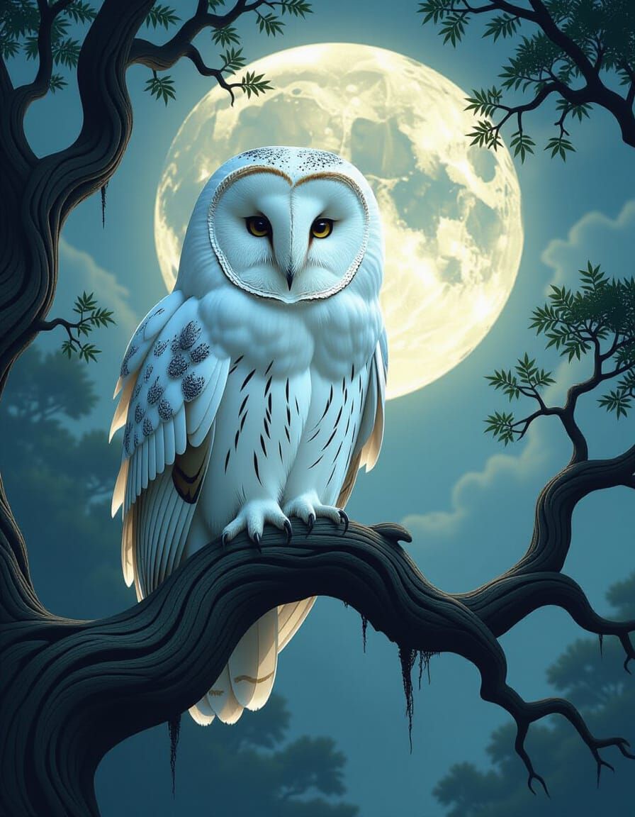 Majestic White Owl in Mystical Moonlit Forest