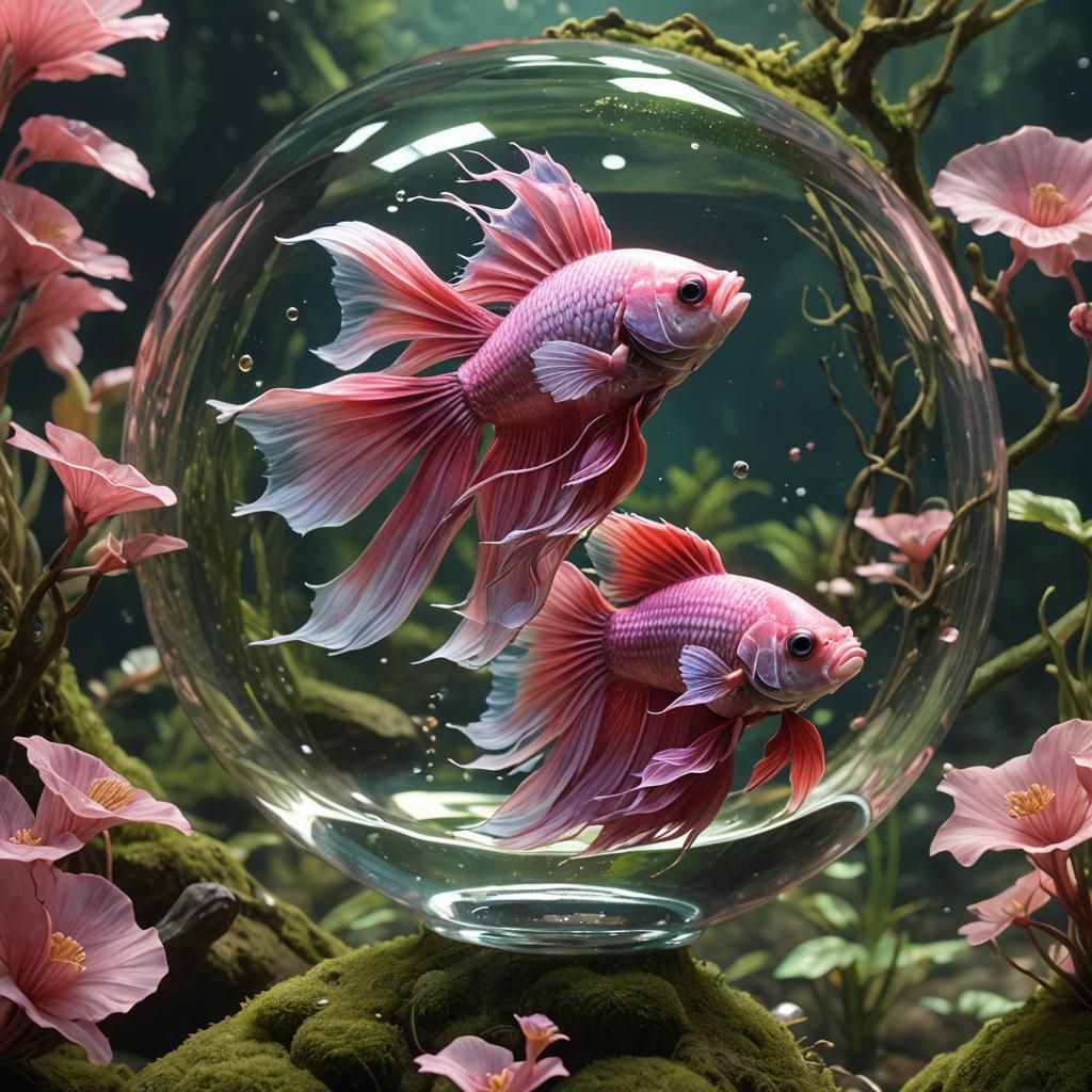 Pink Betta Fish Ready to Fight in Glass Bobble