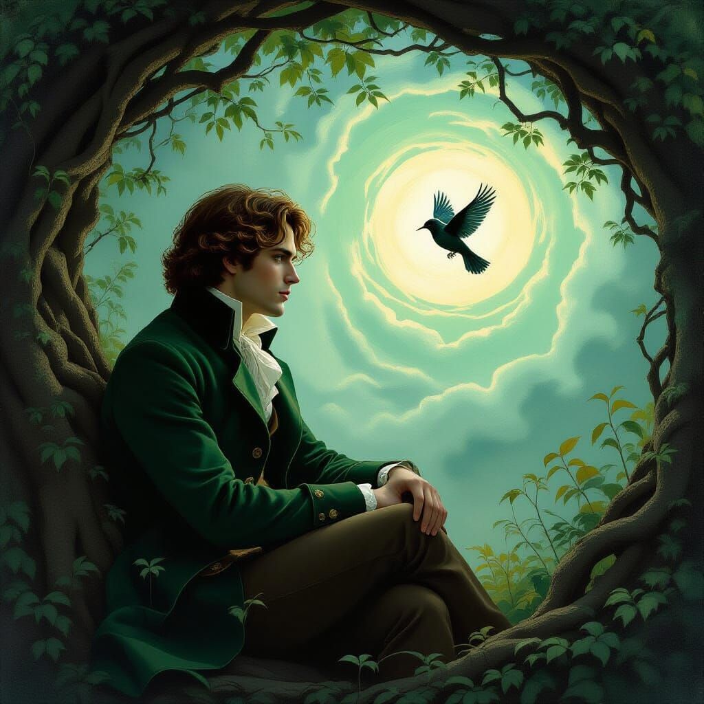 John Keats Observing Nightingale in Surreal Grove