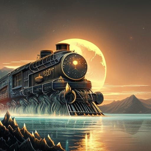 Gold Train Amidst Lake and Mountains: Dark Fantasy Art