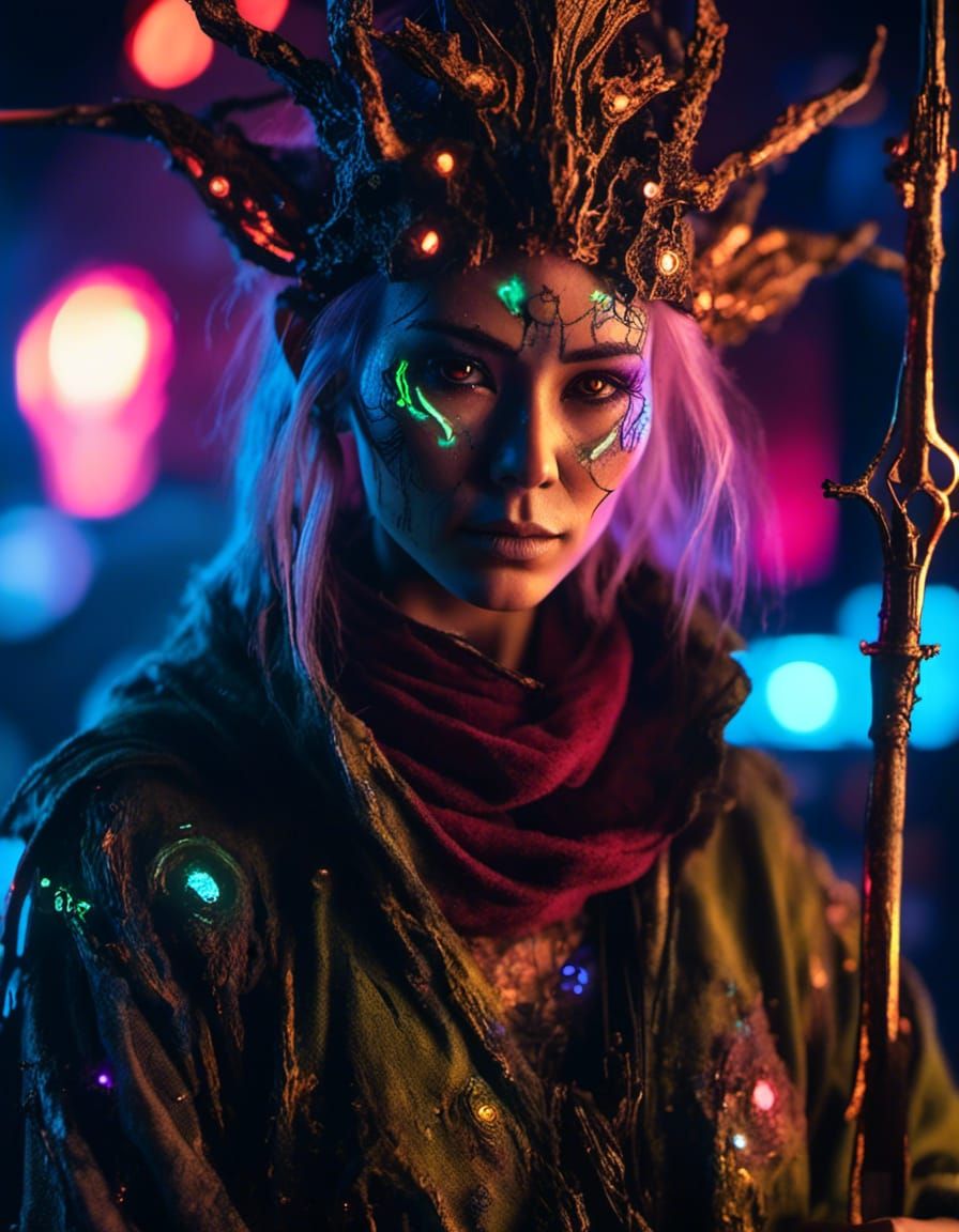 Cyborg Elf Mage in Neon Tavern, Anime Style