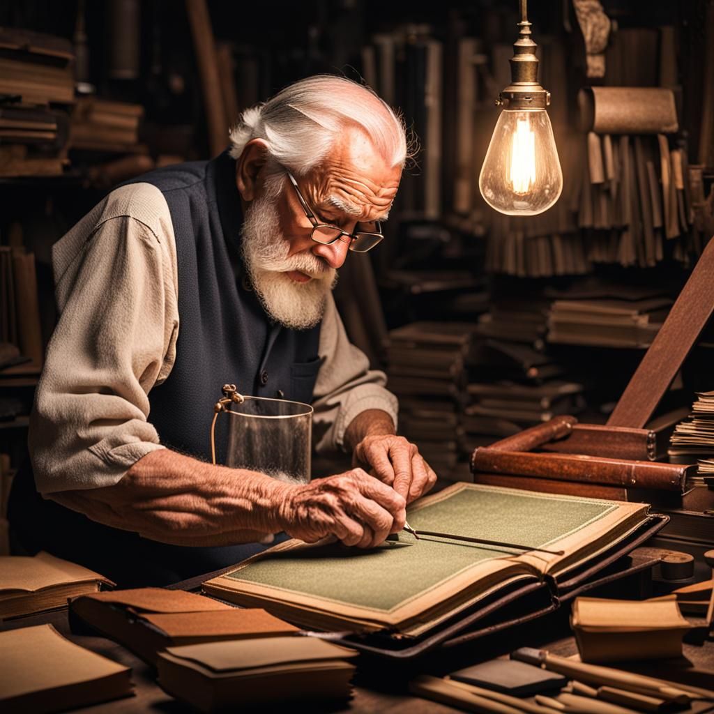 Old Man Bookbinding with Traditional Methods