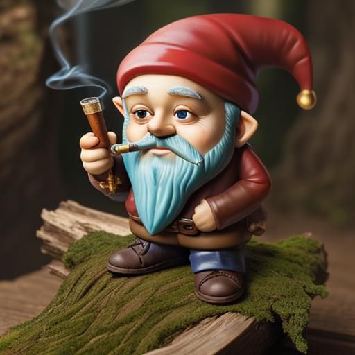 Gnome smoking Sherlock pipe on a log