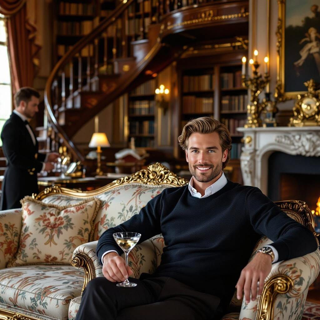 Aristocratic Man Enjoys Martini in Gilded Age Mansion Study
