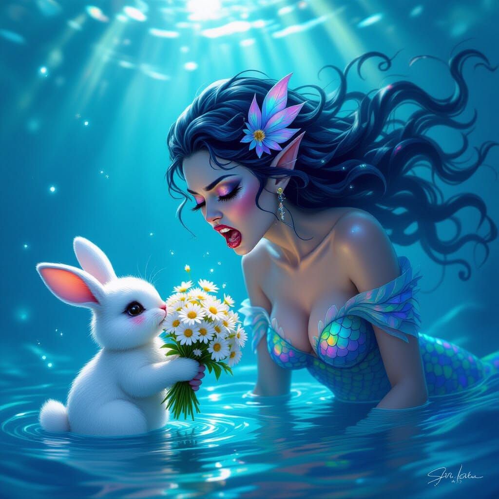 Sea Siren Recoils From Cute Bunny in Digital Painting