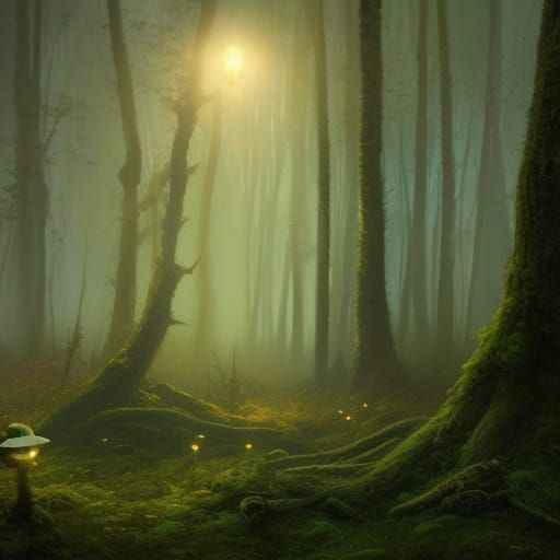 Glowing Mushrooms in Foggy Forest, Dark Fantasy Art