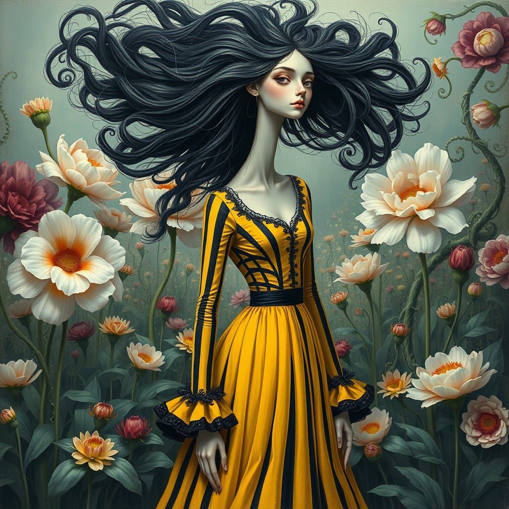 Ethereal Victorian Gothic Goddess in a Whimsical Flower Gard...