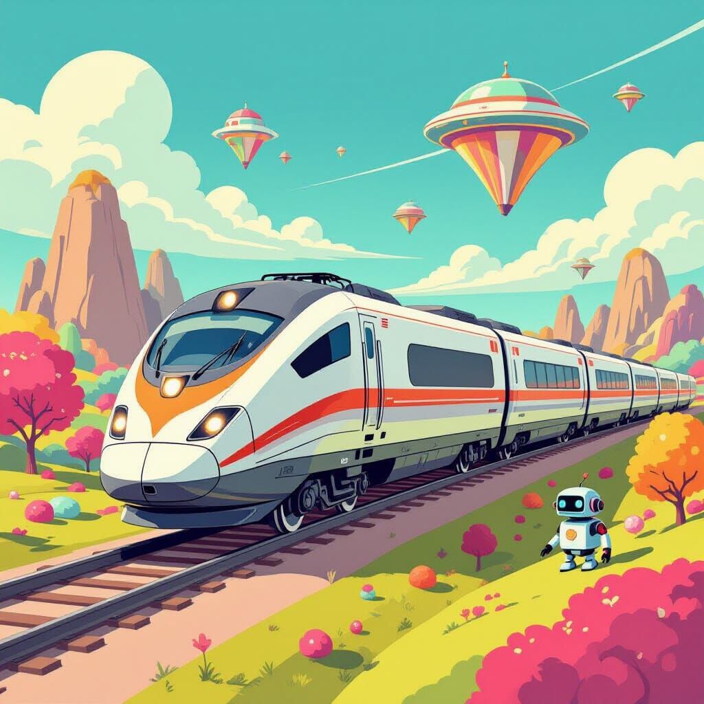 Retro-Futuristic Train in Vibrant Cartoon Landscape