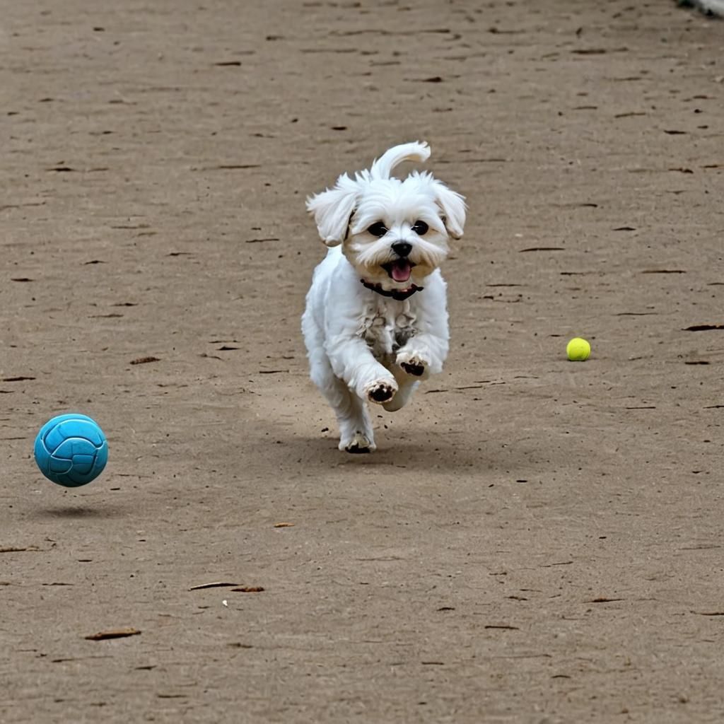 Playful Maltese Chasing a Ball