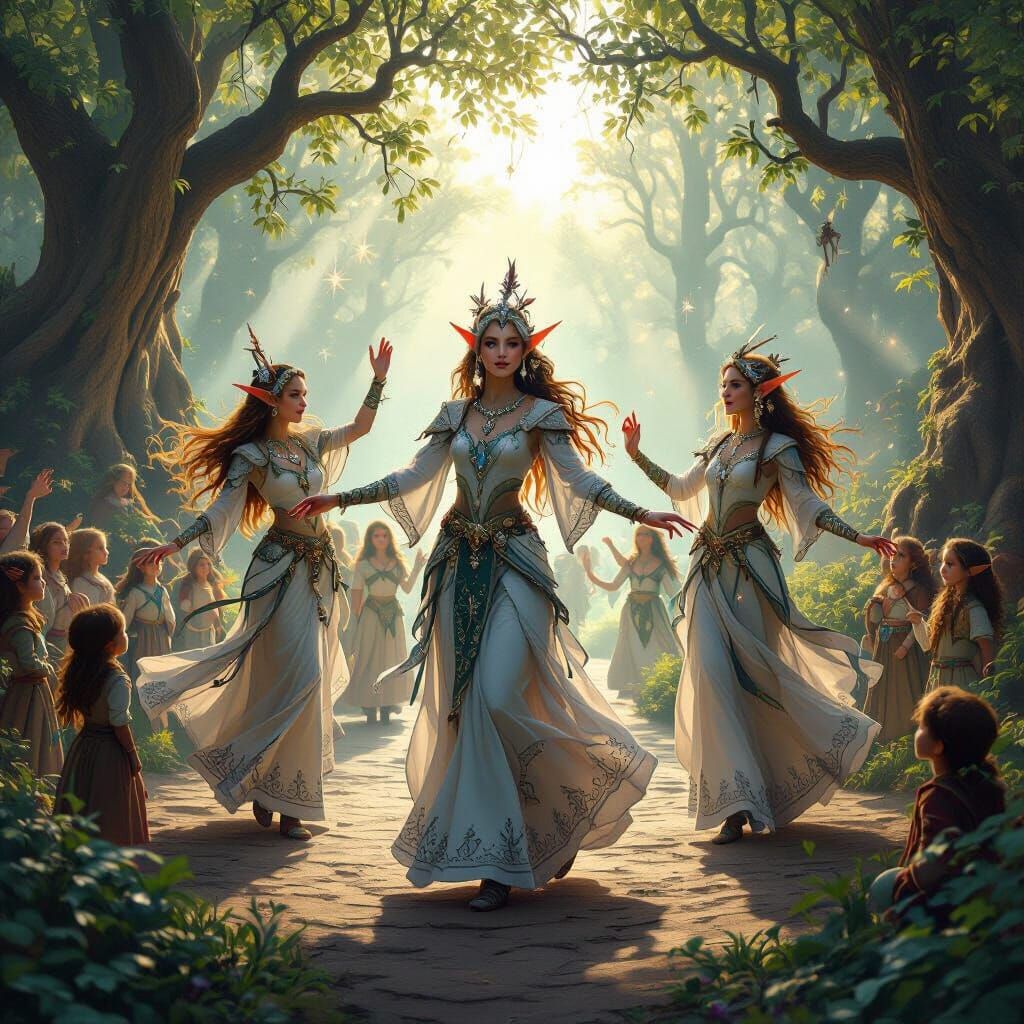 Elf Dancers Perform at Dawn in Forest Village