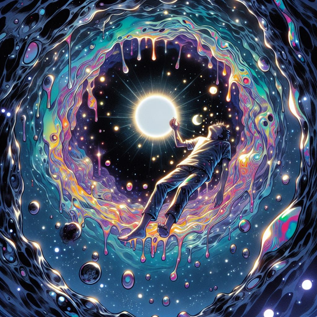 Macabre Figure Floating in Mercury Under Moonlight