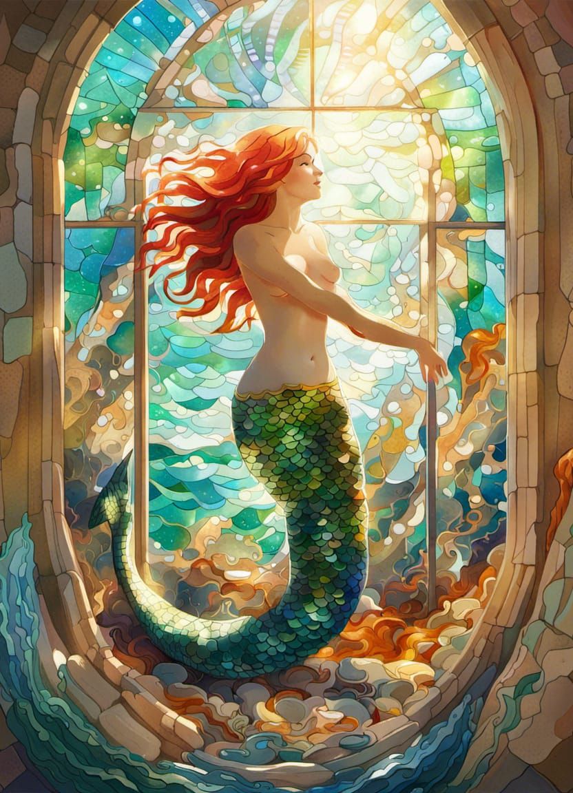 Mermaid Bathed in Sunlight Through Mosaic Window