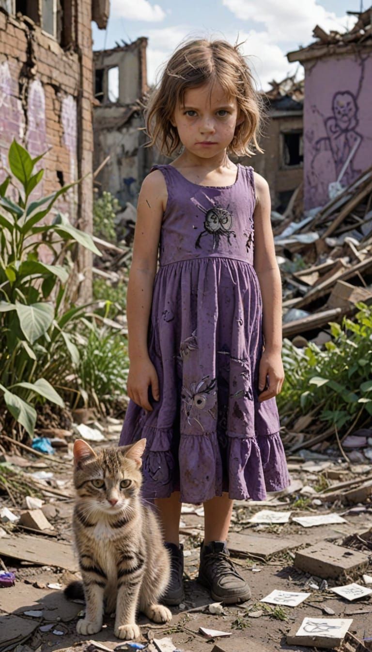 Post-Bombing Wasteland Scene with Child and Cat