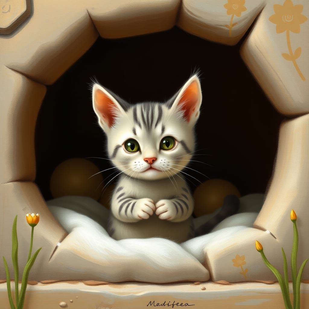Tiny, Plump, and Adorable Kitten in Whimsical Watercolor Sty...