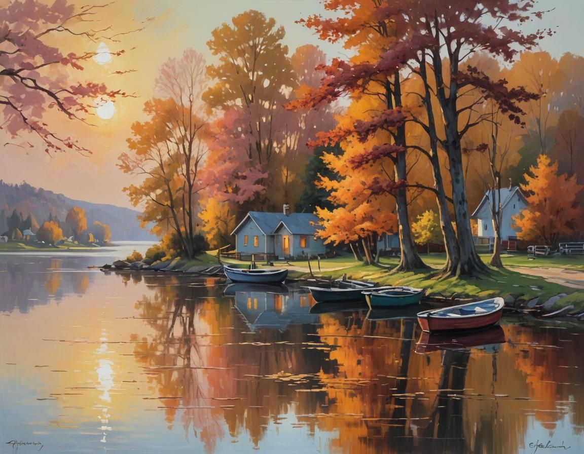 Idyllic Lakeside Village in Impressionist Style