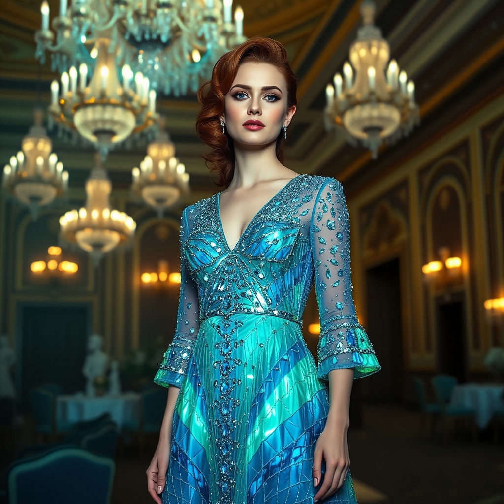 Woman in Crystalline Dress in Grand Ballroom